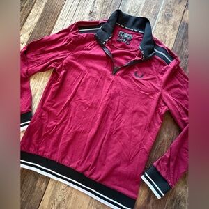 Red Long Sleeve Sweater with Black and White Stripes